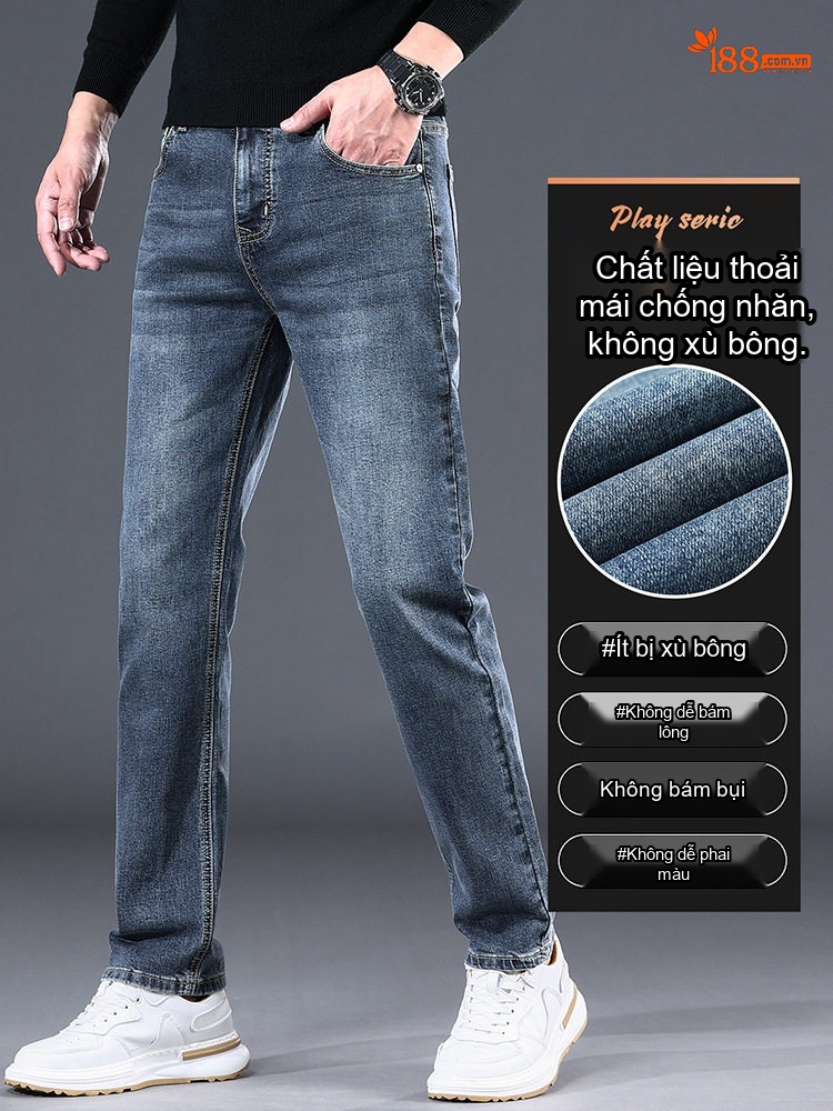Quần Jean Nam Dáng Suông Co Giãn Thoải Mái Phong Cách Casual Màu Xanh Đen, Xanh
