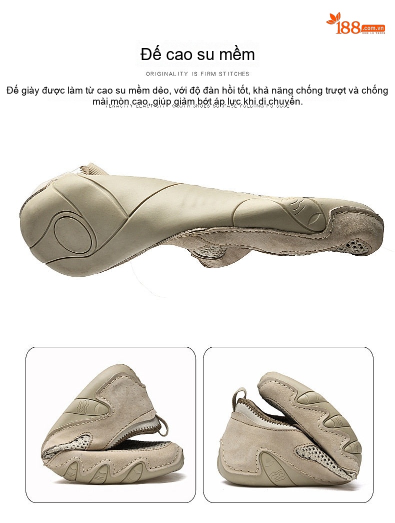 Giày Mọi Nam Vải Lưới Thoáng Khí Da Mờ Chiều Cao Đế Khoảng 3cm Màu Kem, Đen, Xám chi tiết 6