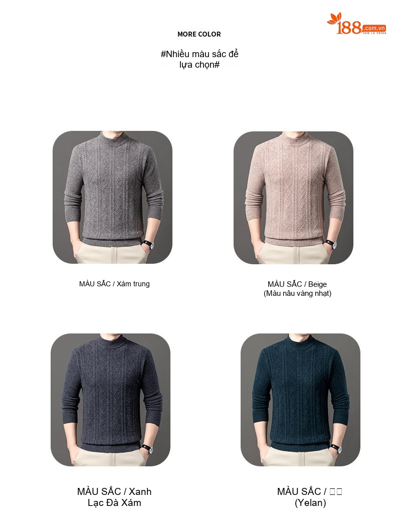 Áo Len Nam 100% Lông Cừu Cashmere Dệt Kim Cổ Bán Tròn Họa Tiết Màu Nâu, Xám, Xanh Đen... chi tiết 9