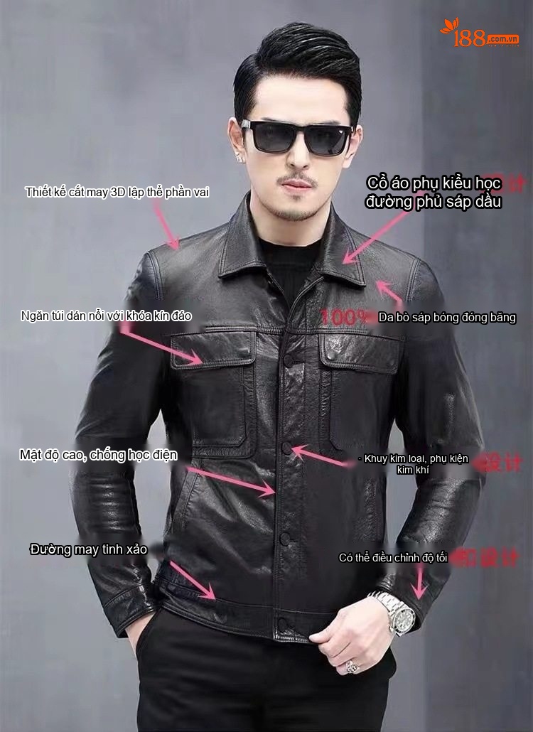 Áo Khoác Da Bò Nam Cổ Bẻ Dáng Ôm Thời Trang Màu Đen chi tiết 2
