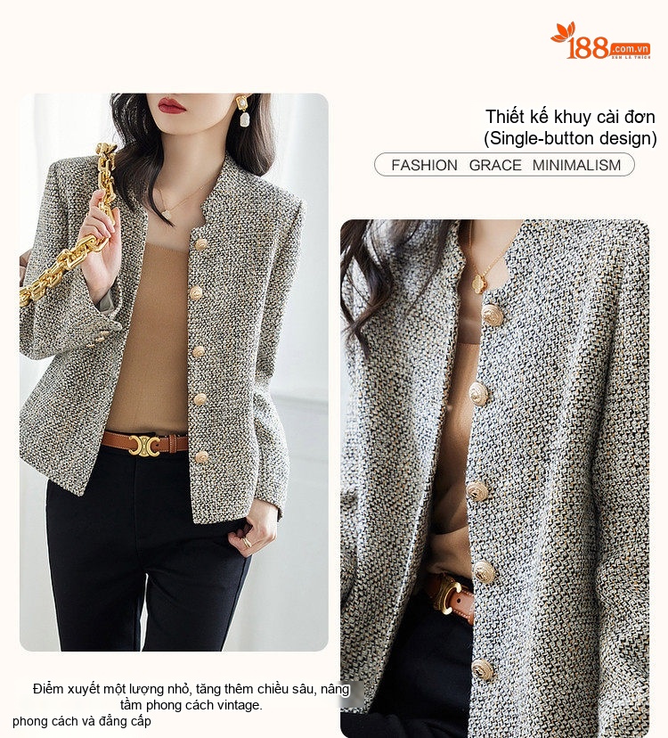 Áo Khoác Nữ Tiểu Hương Phong Thô Dệt Cổ Trụ Tay Dài Màu Be, Xám chi tiết 4