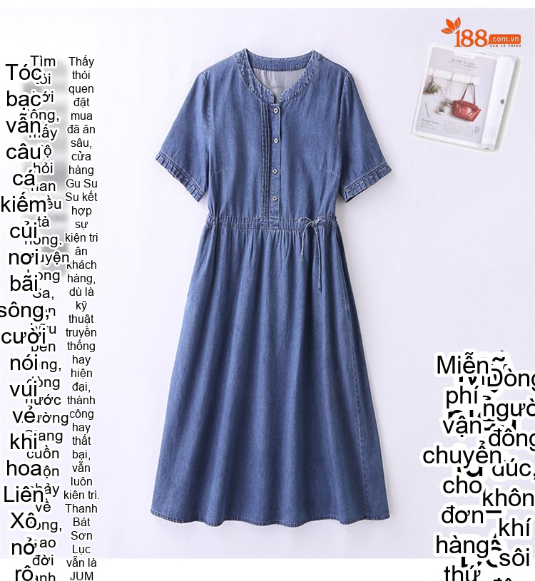 Váy Đầm Jean Nữ Tay Ngắn Dáng Chữ A Thắt Dây Eo Màu Xanh Jean chi tiết 6