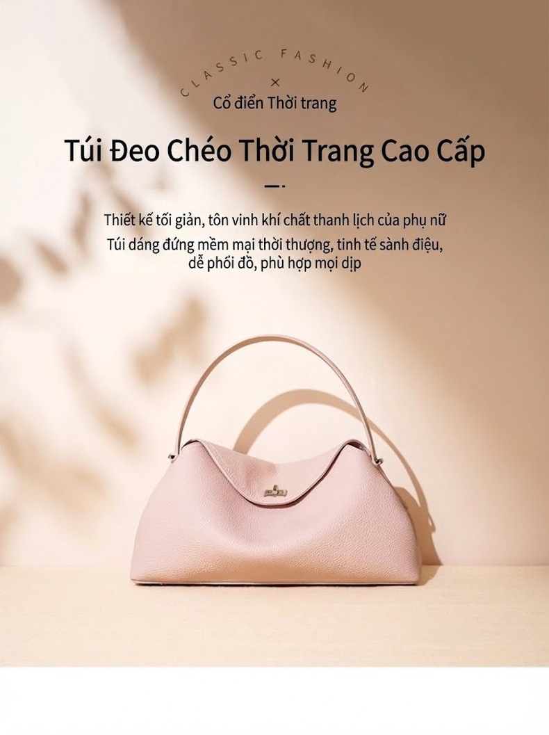 Túi Đeo Vai/Đeo Chéo/Xách Tay Nữ Da Bò Cao Cấp Thiết Kế Tối Giản Màu Nâu, Hồng, Đen chi tiết 1