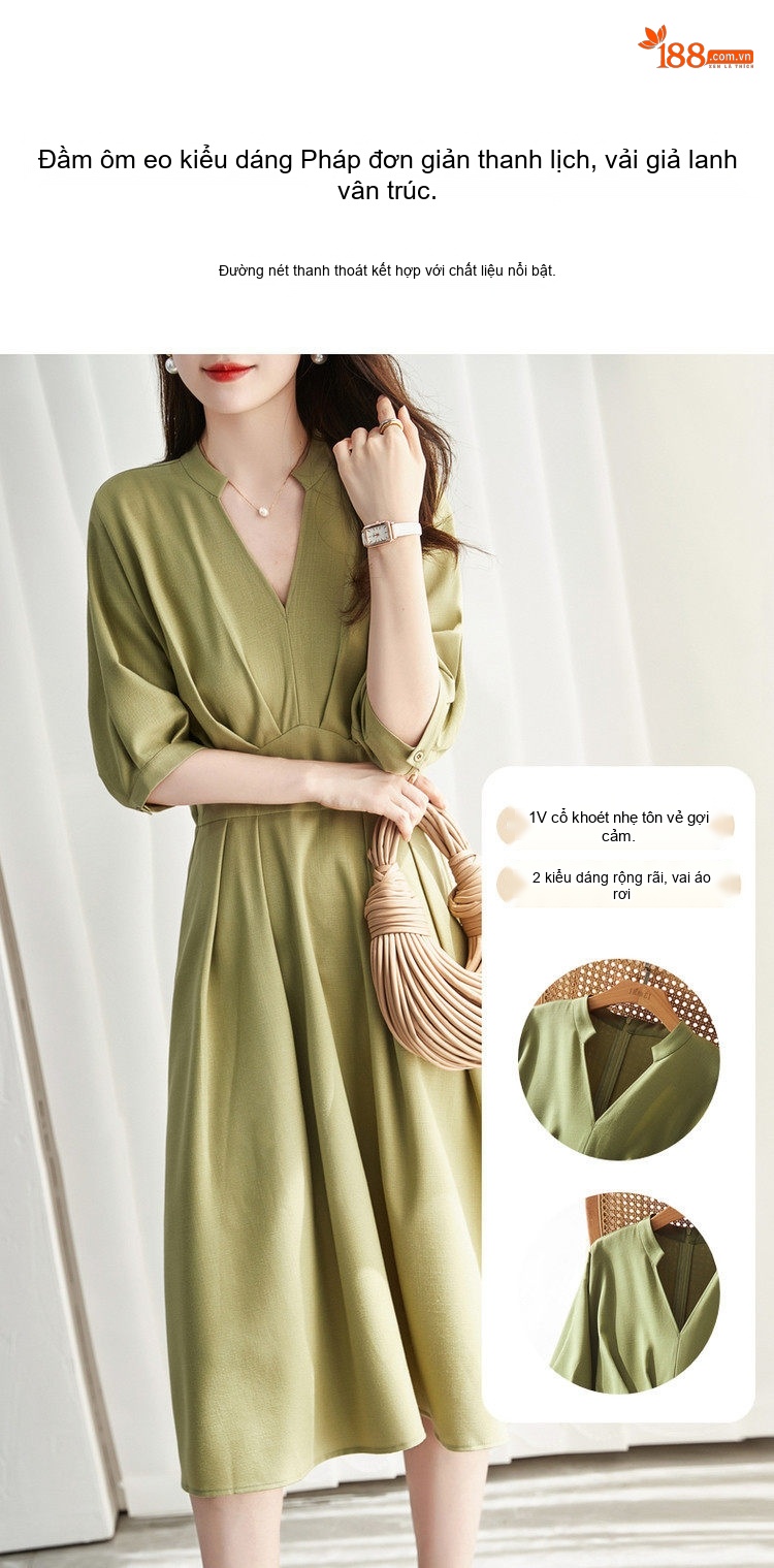 Váy liền thân Nữ Tay Ngắn Cổ chữ V Chữ A Thắt Eo Dáng Rớt Vai Màu Trắng, Hồng, Xanh... chi tiết 14
