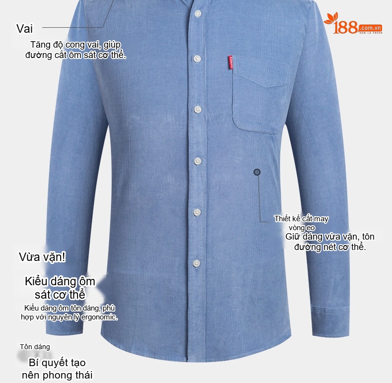 Áo Sơ Mi Dài Tay Nam Cotton Gân Nhỏ Dáng Ôm Thời Trang Công Sở Màu Xám, Trắng, Xanh Navy, Xanh Da Trời, Nâu... chi tiết 10