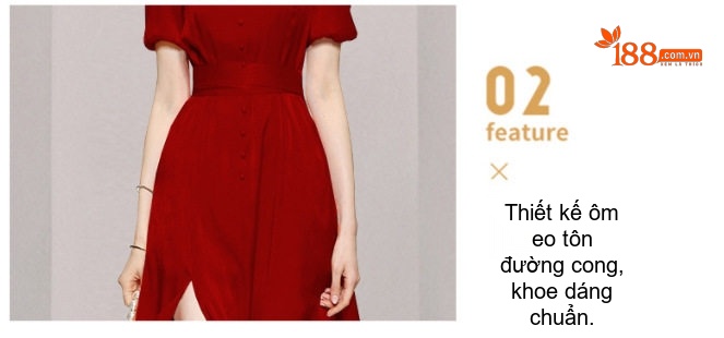 Váy Nữ Cổ chữ V Đầm Xòe Tay Phồng Dáng Dài Xẻ Tà Thắt Eo Màu Đỏ, Hồng, Đen chi tiết 5