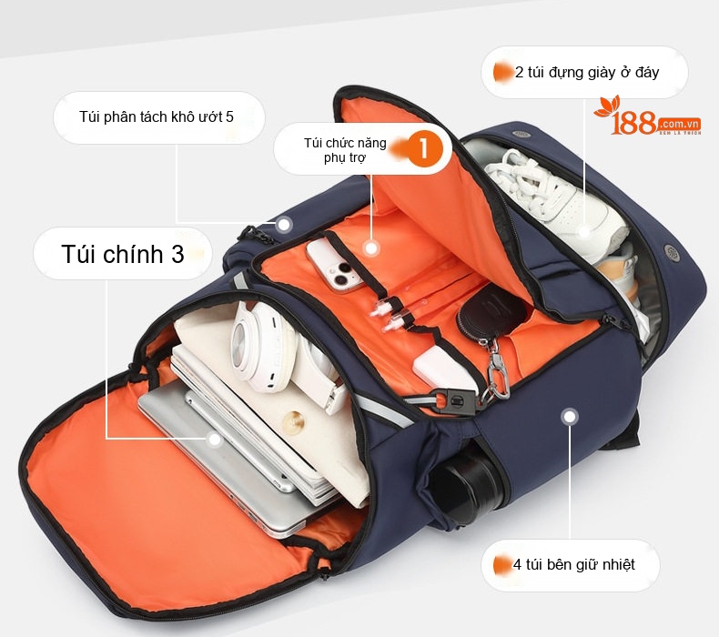 Balo Đa Năng Chống Thấm Nước Dung Tích Lớn, Ngăn Riêng Đồ Ướt Màu Đen, Xanh Navy chi tiết 10