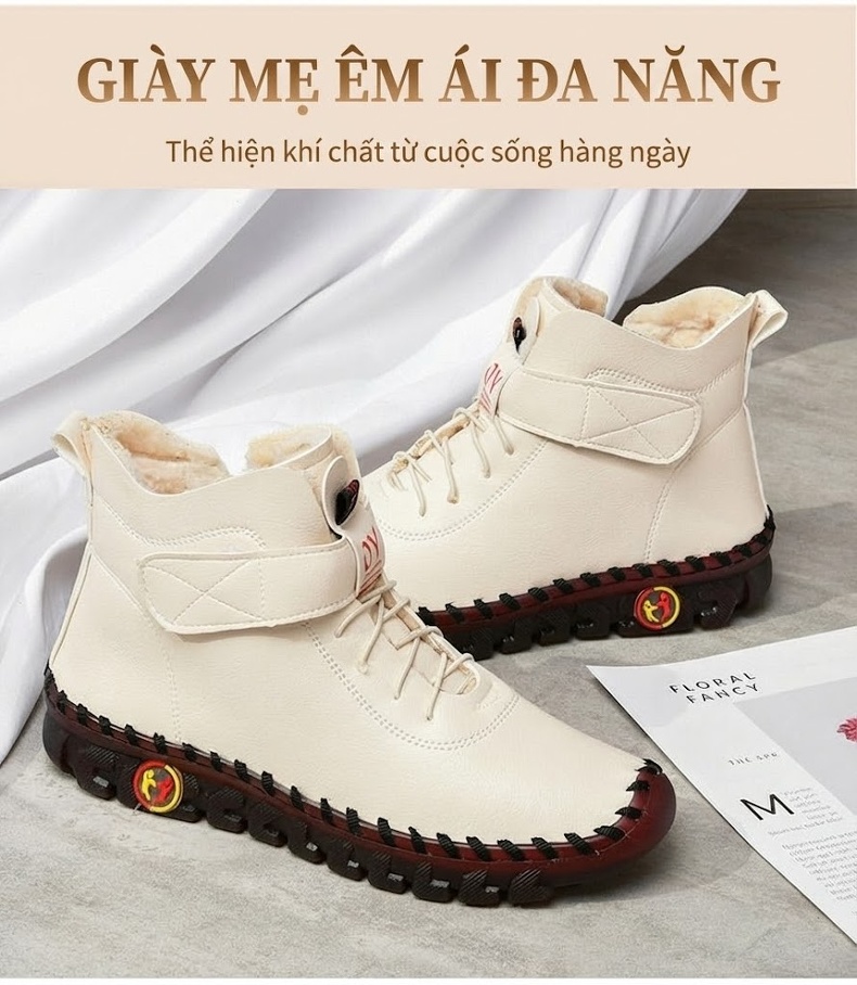 Giày Cao Cổ Nữ Lót Lông Giữ Ấm Chiều Cao Đế Khoảng 3cm Màu Kem, Đen, Đỏ, Nâu chi tiết 29