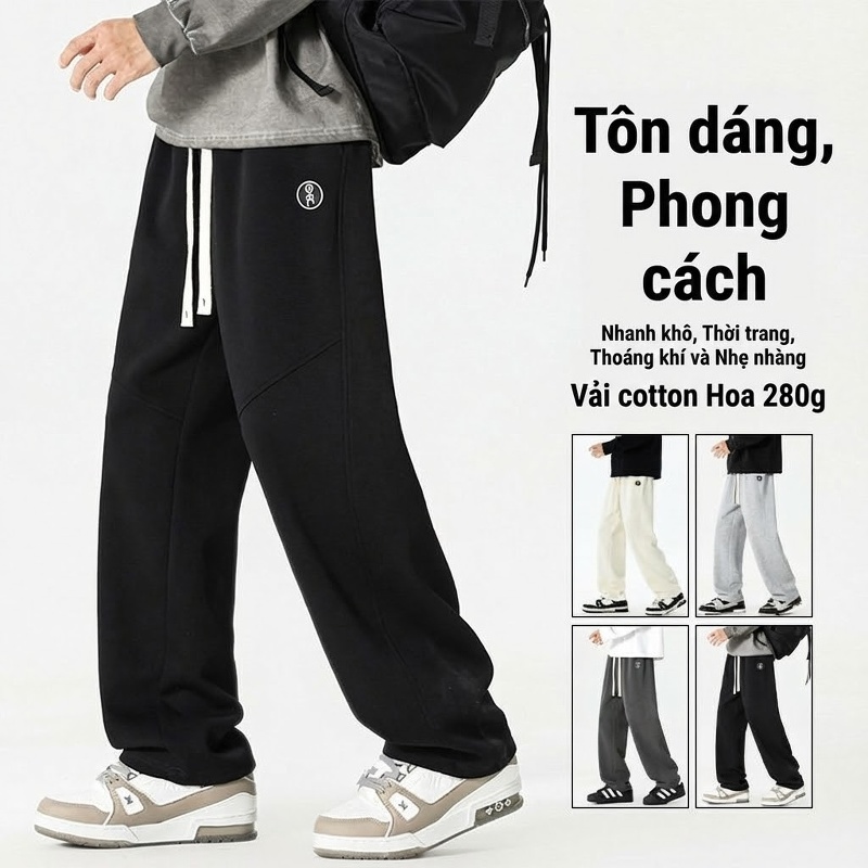Quần dài ống rộng nam cotton dáng thể thao rút dây