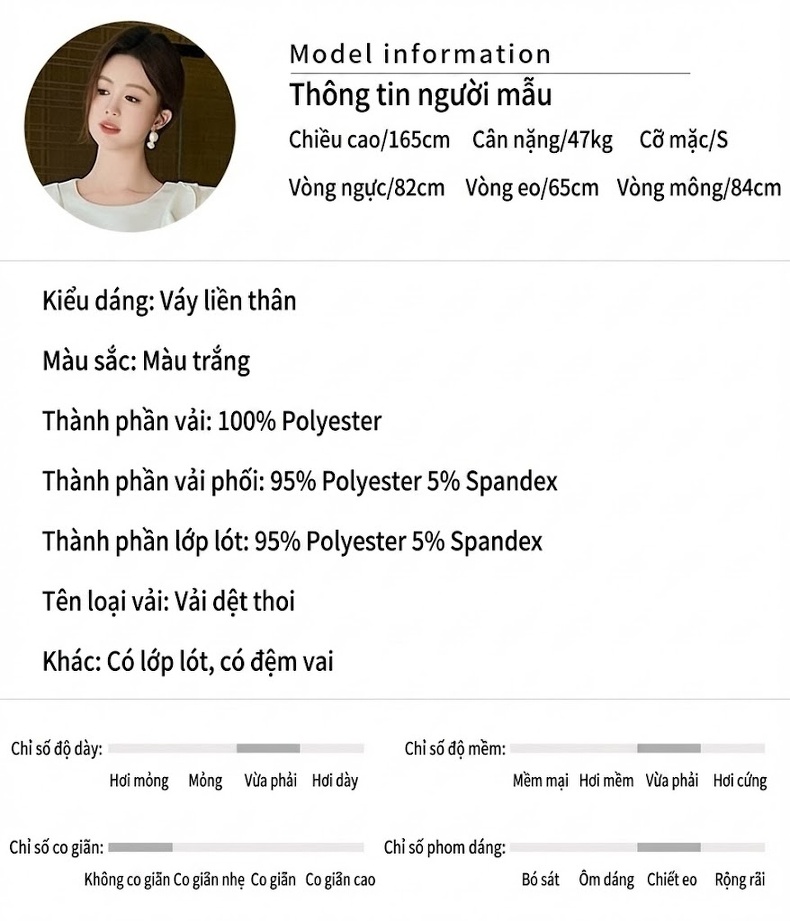 Váy liền thân Nữ Tay Bồng Thiết Kế Pháp Ôm Dáng Màu Trắng chi tiết 2