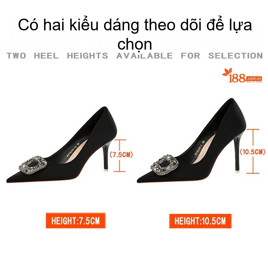 Giày Cao Gót Nữ Mũi Nhọn Quai Kim Loại Đính Đá Chiều Cao Đế 7.5cm Màu Đen