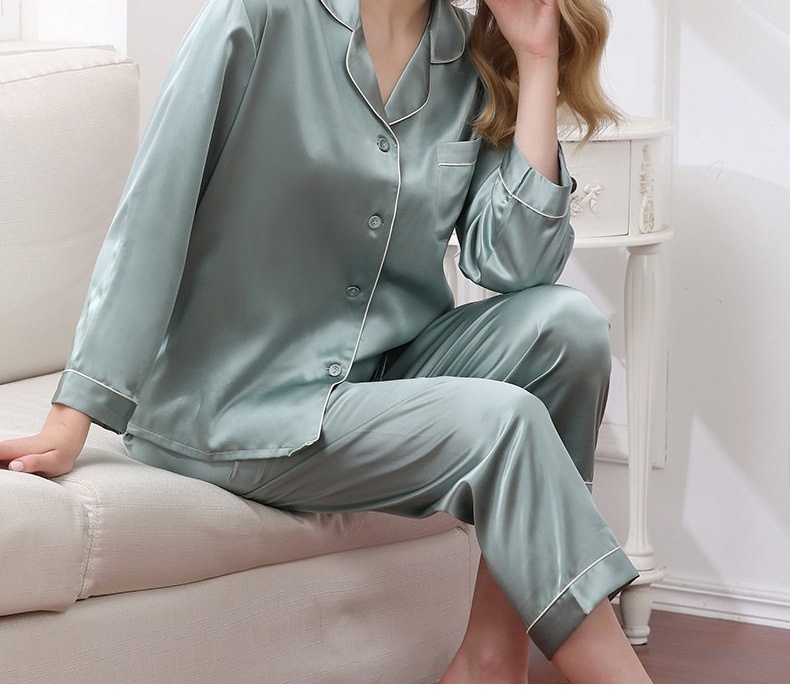 Bộ Đồ Ngủ Lụa Tơ Tằm 100% Tay Dài Quần Dài Nữ Mặc Nhà Màu Hồng, Đỏ, Xám, Xanh Navy chi tiết 7