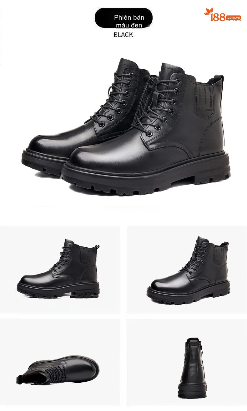 Giày Boot Martin Nam Da Thật Lót Lông Cừu Dày Dặn Chiều Cao Đế Khoảng 4cm Màu Đen chi tiết 22