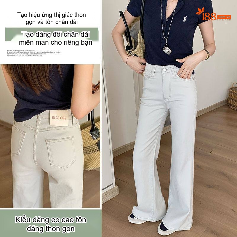 Quần Jean Nữ Ống Loe Rộng Lưng Cao Dáng Suông Màu Trắng Kem