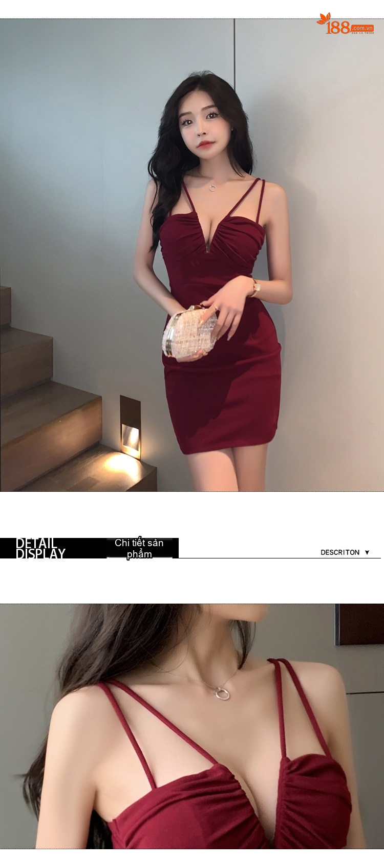 Váy Hai Dây Ngắn Ôm Body Cổ Chữ V Gợi Cảm Màu Đỏ, Đen, Trắng chi tiết 9
