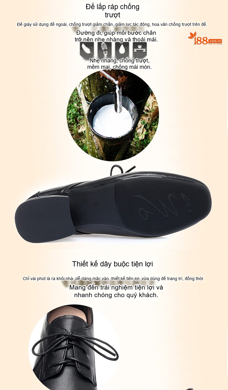 Giày Oxford Nữ Da Mềm Chiều Cao Đế Khoảng 3cm Màu Trắng Kem, Đen, Nâu chi tiết 2