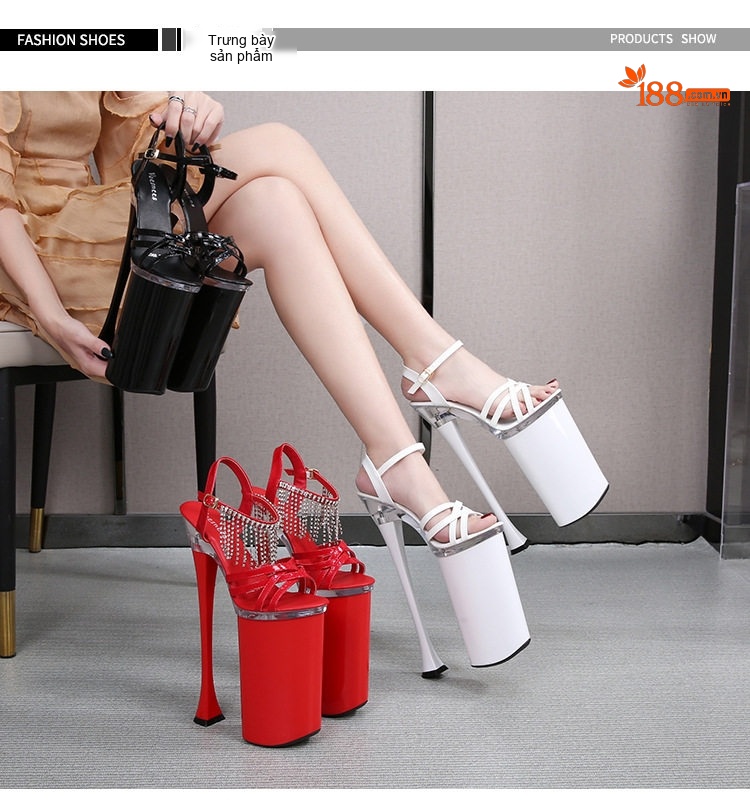 Giày Sandal Cao Gót Nữ Quai Ngang Hở Ngón Da Bóng Đính Đá Gót Cao 26cm Màu Đen, Đỏ, Trắng chi tiết 7