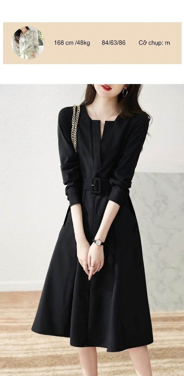 Váy Chữ A Nữ Cổ chữ V Tay Dài Tay Eo Cao Thanh Lịch Màu Xanh Olive, Đen chi tiết 23