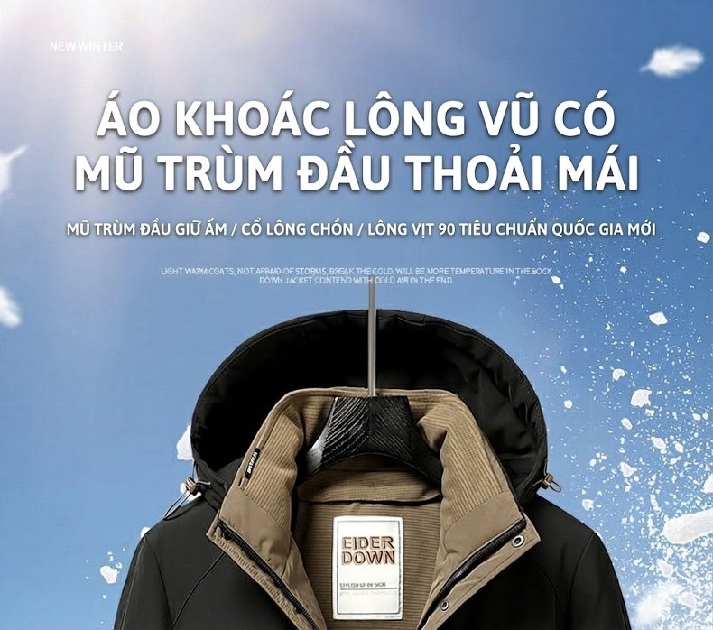 Áo Khoác Phao Nam Có Mũ Trùm Đầu Lót Lông Vịt Trắng 90 Giữ Ấm Thu Đông chi tiết 1