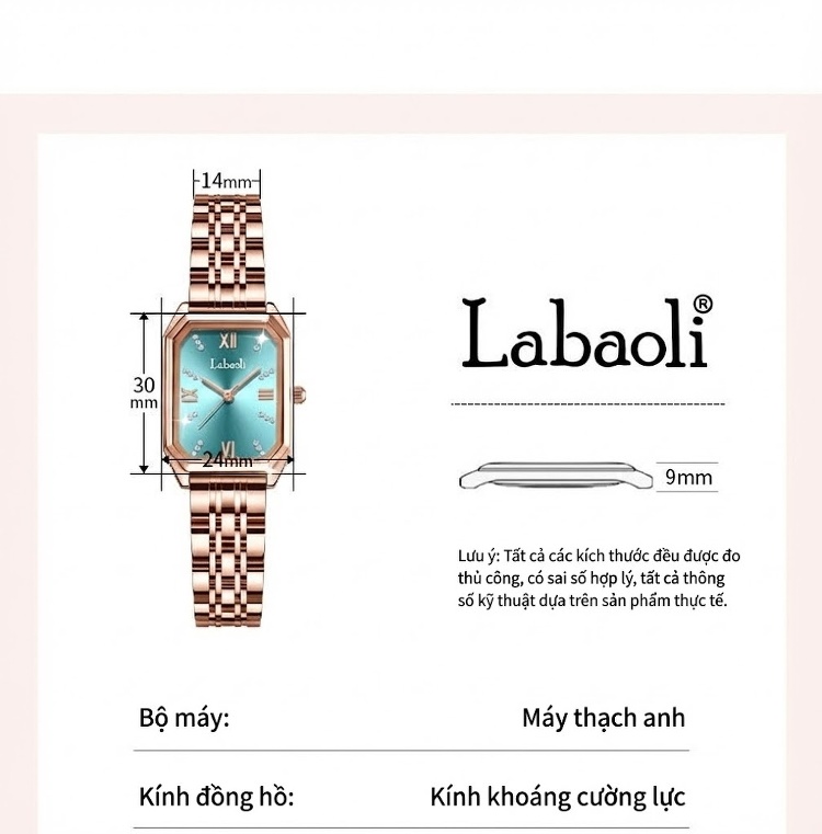 Đồng Hồ Nữ Labaoli Mặt Vuông Nhỏ Dây Kim Loại Tinh Tế Màu Vàng Hồng, Xanh Mint chi tiết 7