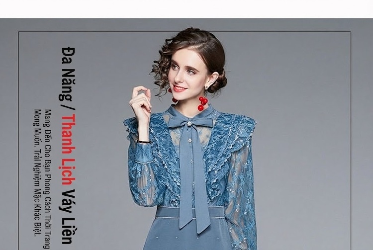 Váy Liền Thân Nữ Tay Dài Lưới Đính Đá Cổ Nơ Phong Cách Quý Cô Màu Xanh chi tiết 5