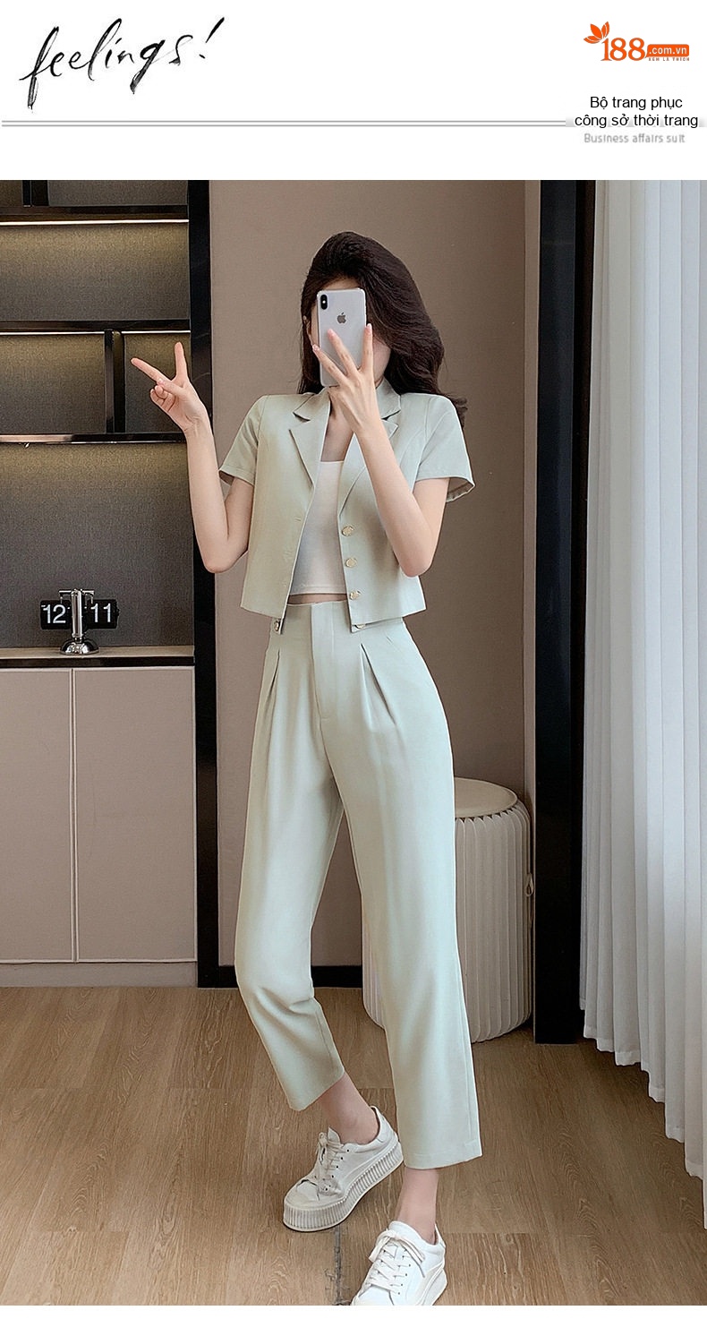 Bộ Vest Công Sở Nữ Tay Ngắn Quần Dài Thanh Lịch Màu Xanh Lá, Tím chi tiết 19