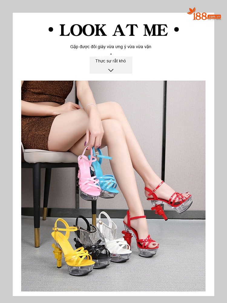 Giày Sandal Cao Gót Nữ Quai Ngang Gót Hình Súng Đính Đá Gót Cao 8cm Màu Đen, Trắng, Đỏ chi tiết 1