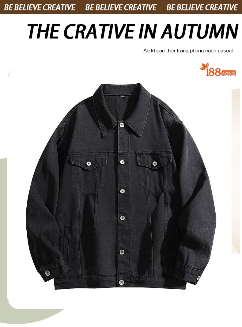 Áo Khoác Jean Nam Dài Tay Form Rộng Cổ Bẻ Màu Xanh Denim, Đen chi tiết 3