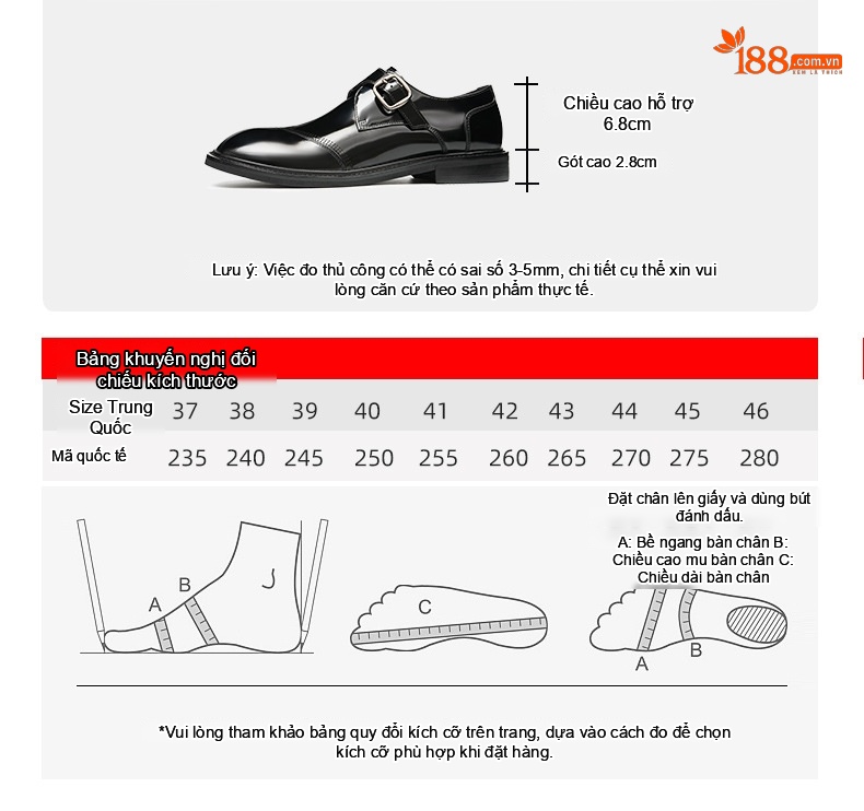 Giày Tây Nam Da Bóng Quai Khóa Chiều Cao Đế Khoảng 3cm Màu Đen, Nâu chi tiết 7