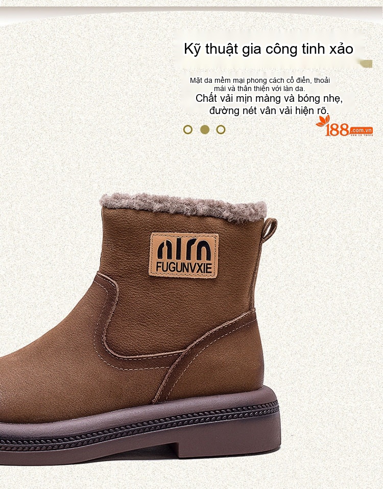 Boot Nữ Ngắn Cổ Lót Lông Giữ Ấm Mùa Đông Chiều Cao Đế Khoảng 3cm Màu Nâu chi tiết 2
