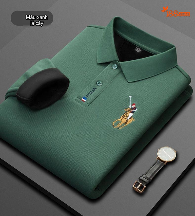 Áo Polo Nam Tay Dài Cotton Lót Lông Cừu Màu Xanh Dương, Xanh Navy, Kem, Xanh Lá chi tiết 14