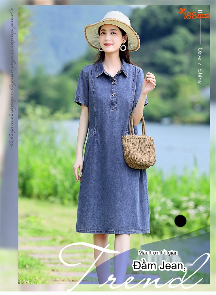 Váy Jean Nữ Dáng Suông Ngắn Tay Phong Cách Thanh Lịch chi tiết 2