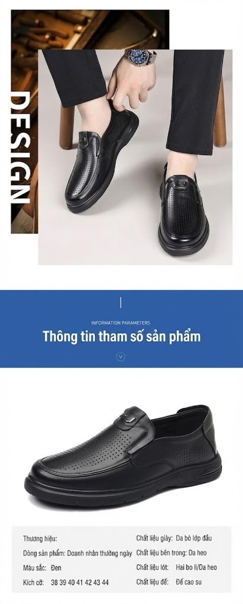 Giày Lười Nam Da Thật Thoáng Khí Chiều Cao Đế Khoảng 3cm Màu Đen chi tiết 2