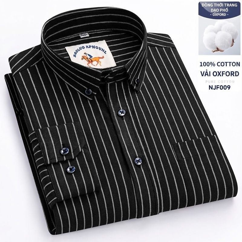 Áo Sơ Mi Nam Tay Dài Oxford Cotton Thoáng Khí Họa Tiết Kẻ Sọc Lớn Màu Xanh Dương, Đen, Trắng, Xám...