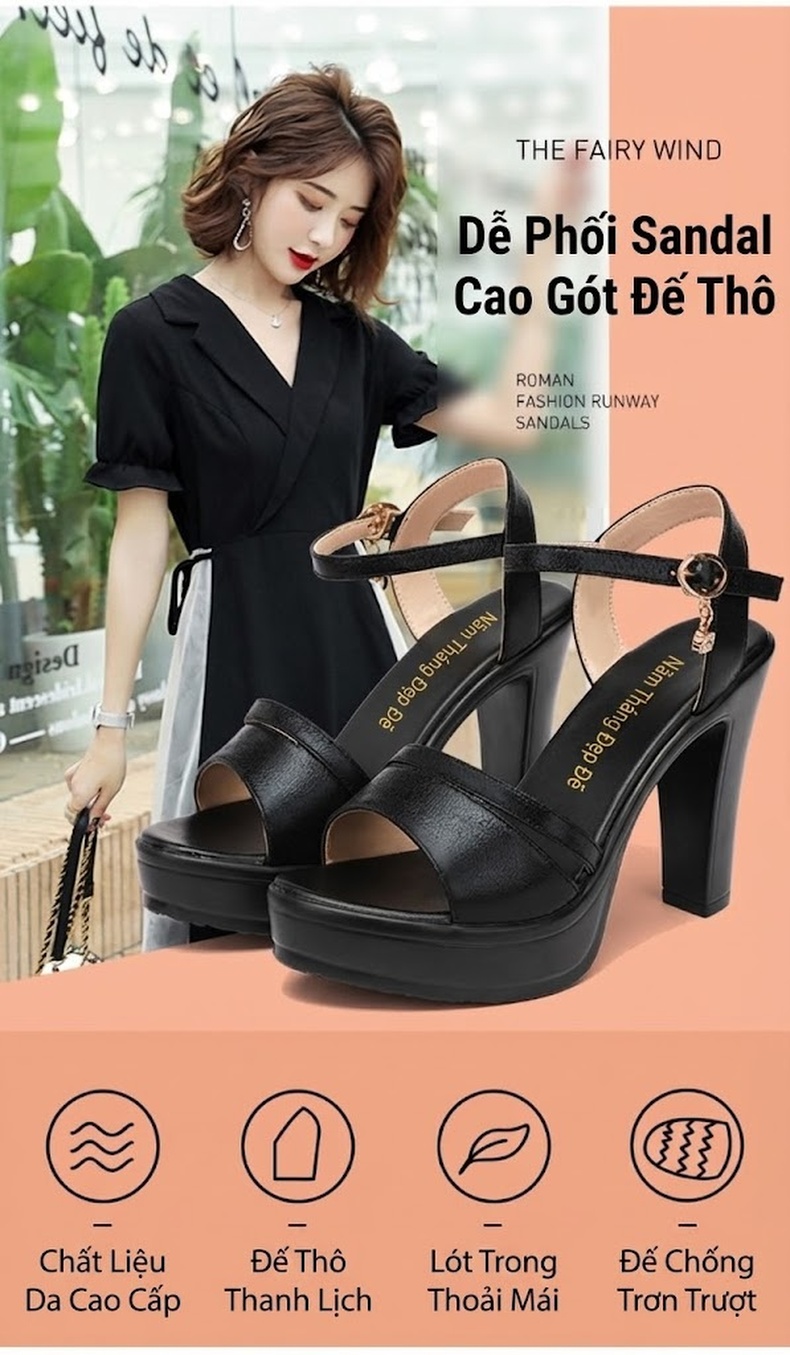 Giày Sandal Cao Gót Nữ Quai Ngang Đế Xuồng Da Bóng Gót Cao 8cm Màu Đen, Đỏ, Bạc chi tiết 6