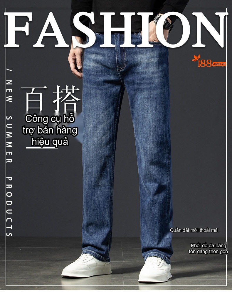Quần Jean Nam Cotton Co Giãn Dáng Suông Rộng Phong Cách Doanh Nhân Màu Xanh chi tiết 14