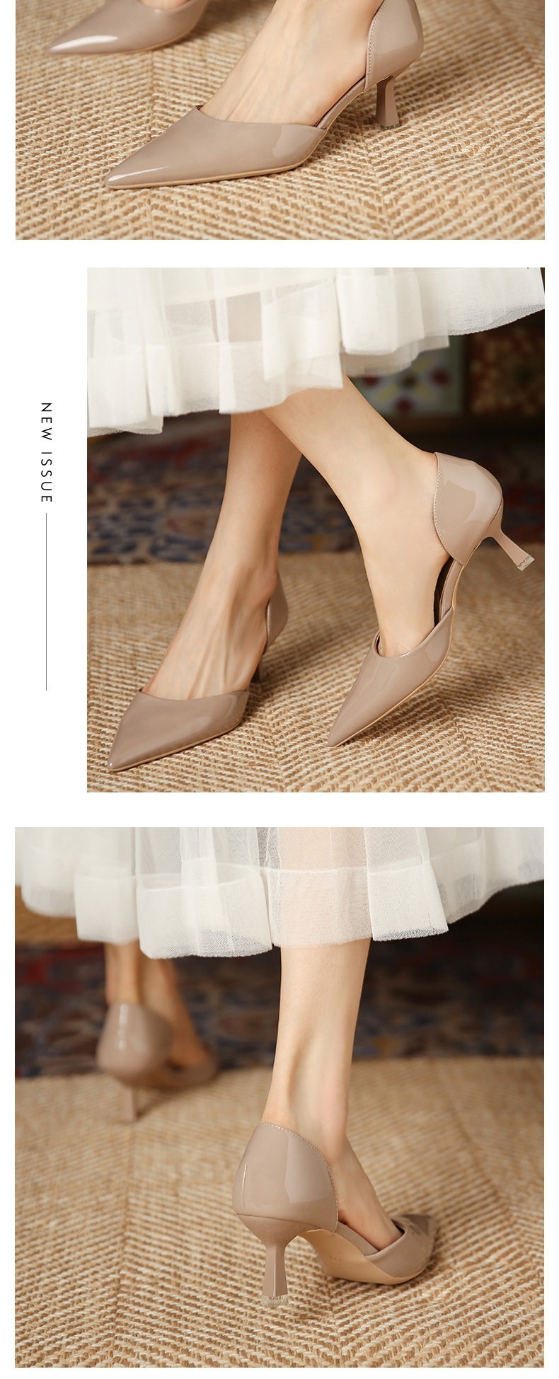 Giày Cao Gót Hở Sườn Nữ Da Bóng Chiều Cao Đế Khoảng 5cm Màu Nude, Đen, Trắng chi tiết 9