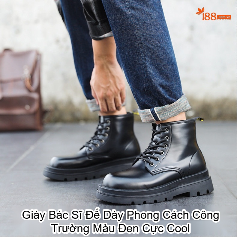 Giày Martin Nam Da Bóng Đế Dày Chiều Cao Đế Khoảng 4cm Phong Cách Anh Quốc Màu Đen chi tiết 1