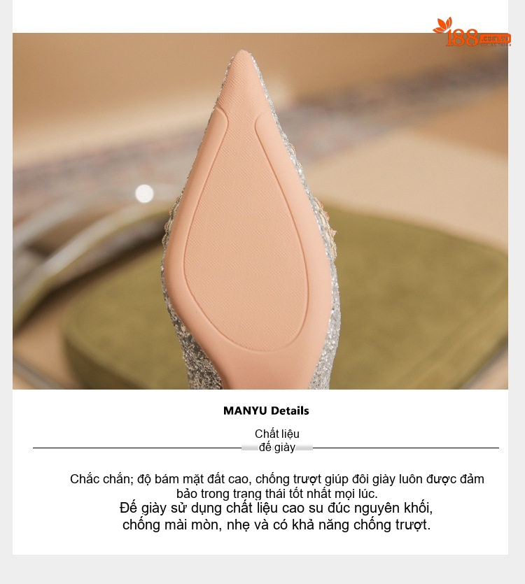 Giày Cao Gót Nữ Gót Nhọn Đính Đá Chiều Cao Đế Khoảng 7cm Màu Bạc, Vàng Đồng chi tiết 9