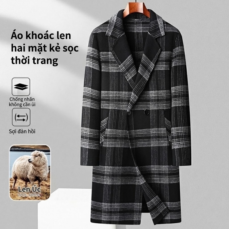 Áo Khoác Dạ Nam Hai Mặt Dáng Dài Kẻ Ô Vuông Màu Đen, Xám