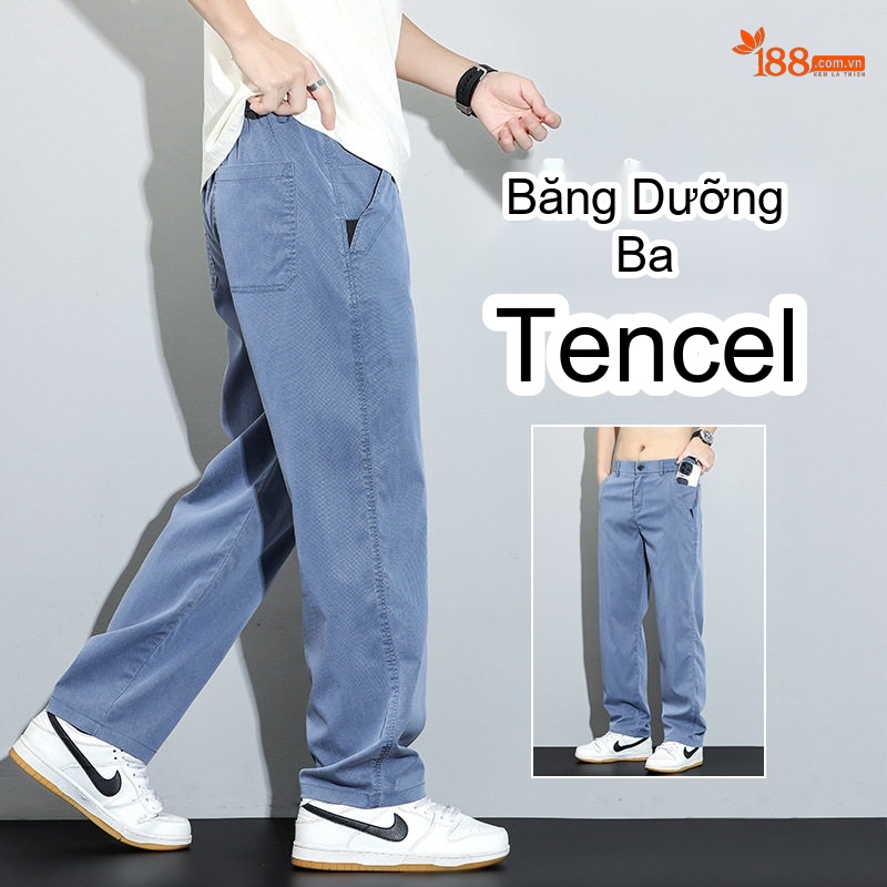 Quần Dài Nam Tencel Lụa Lyocell Mỏng Mát Chống Nhăn Dáng Suông Màu Xanh Lam, Đen, Xám