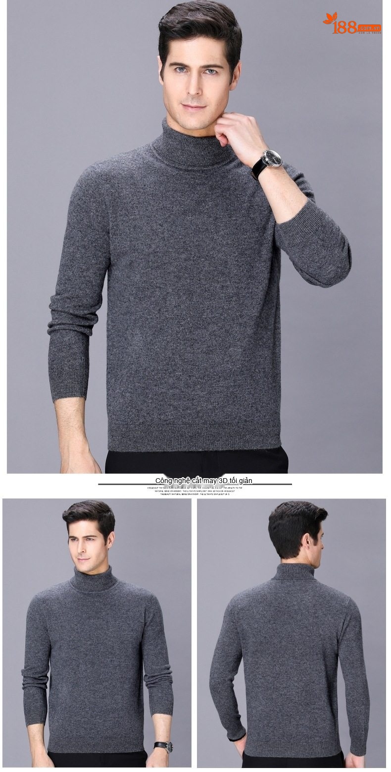 Áo Len Nam Cổ Lọ Dệt Kim Cashmere Dày Dặn Giữ Ấm Màu Nâu, Đỏ Rượu, Xám, Đen chi tiết 10