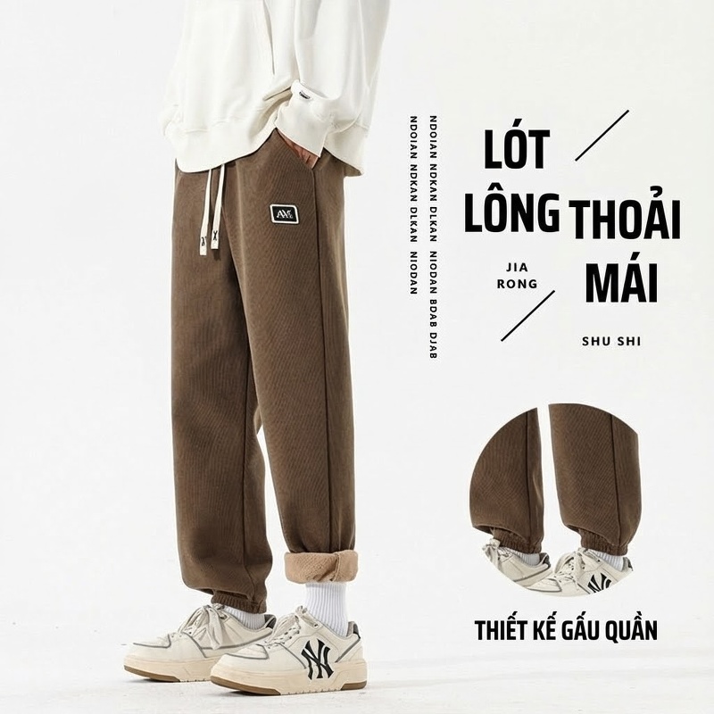 Quần Dài Nam Ống Rộng Lót Lông Cừu Giữ Ấm Chất Âu Cotton Co Giãn Màu Đen, Nâu, Be