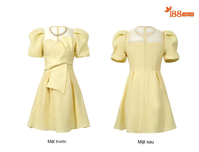 Váy Chữ A Chiết Eo Tay Bồng Cổ Tròn Phong Cách Pháp Màu Trắng, Xanh, Vàng chi tiết 11
