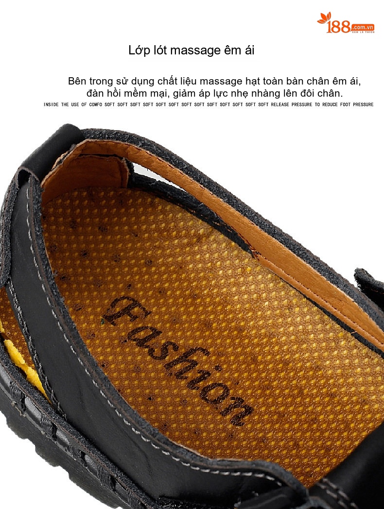 Dép Sandal Nam Da Thật Thủ Công Quai Dán Thoáng Khí Chiều Cao Đế Khoảng 2cm Màu Nâu, Đen chi tiết 9