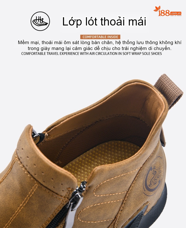 Giày Boot Nam Cổ Cao Khóa Kéo Bên Chiều Cao Đế Khoảng 3cm Màu Đen, Xanh Dương, Nâu chi tiết 11