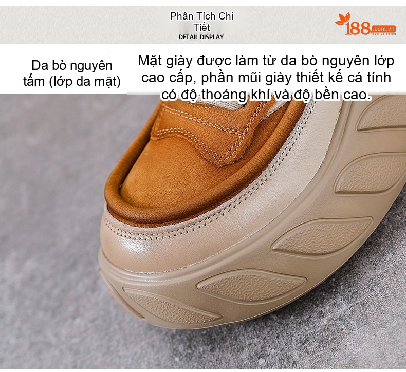 Giày Cao Cổ Nữ Da Bò Buộc Dây Chiều Cao Đế Khoảng 5cm Màu Nâu, Vàng chi tiết 6