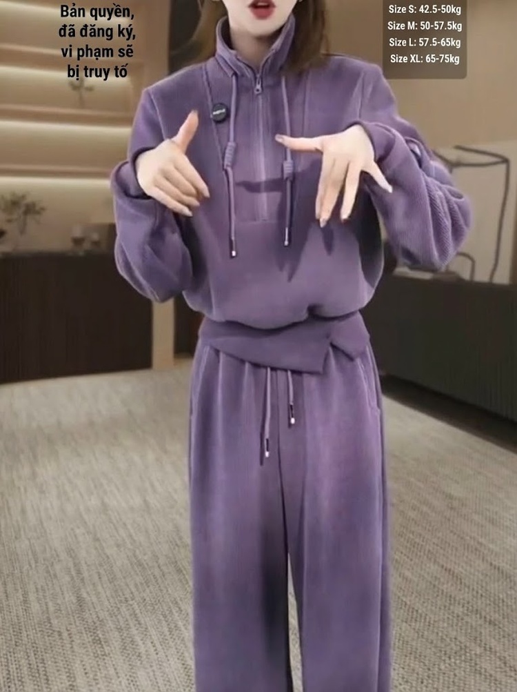 Bộ Đồ Nữ Áo Hoodie Dài Tay Khóa Kéo Lửng Quần Dài Ống Rộng Lót Lông Màu Tím chi tiết 8