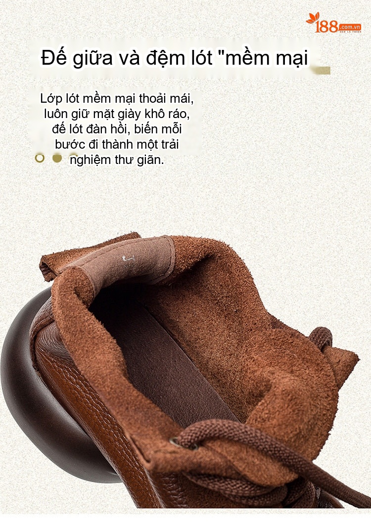 Giày Boot Nữ Cao Cổ Da Bò Buộc Dây Phong Cách Retro Chiều Cao Đế Khoảng 5cm Màu Nâu, Đen chi tiết 5