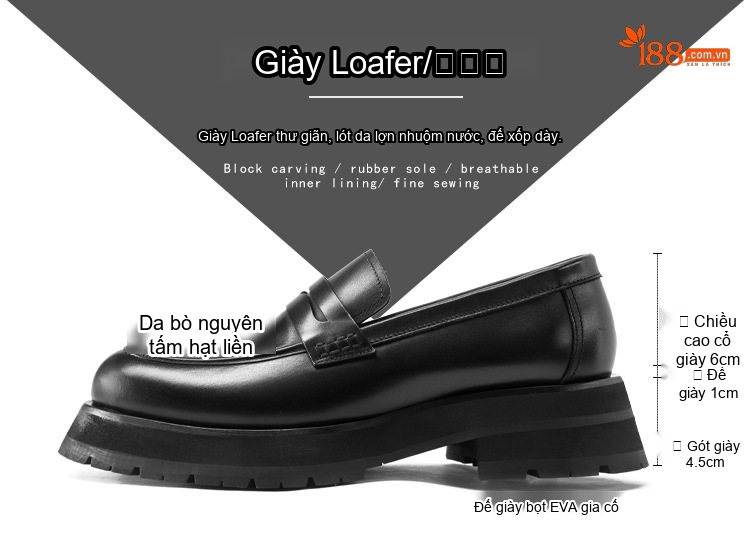 Giày Lười Nam Da Thật Đế Dày Chiều Cao Đế Khoảng 5cm Màu Đen chi tiết 2